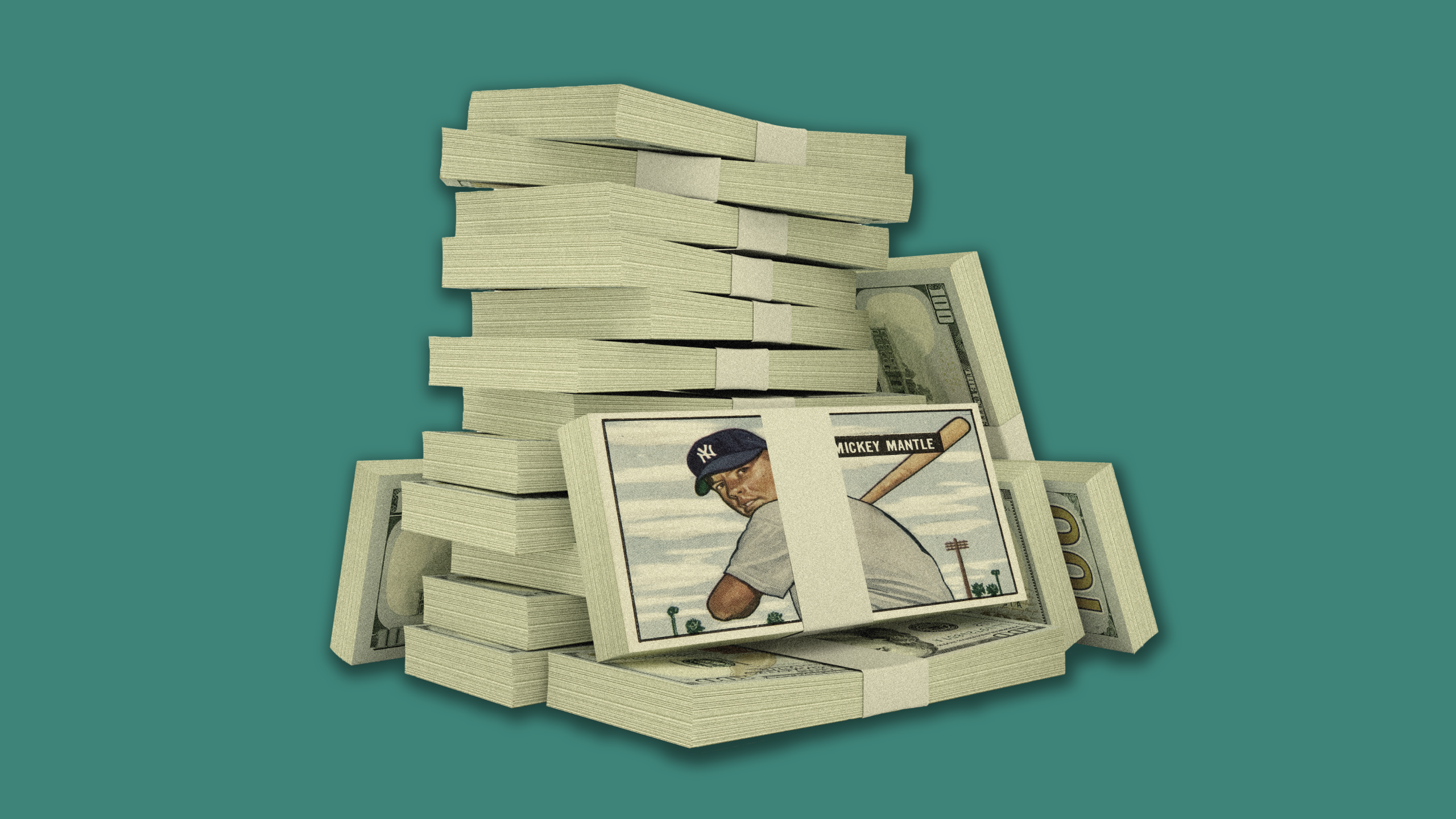 Photo illustration of stacks of one hundred dollar bills, with a Mickey Mantle baseball card overlaid onto one of them